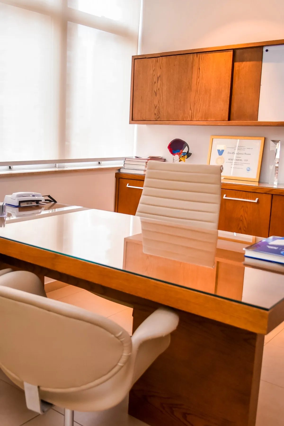 Consultório com mesa de vidro e armários de madeira